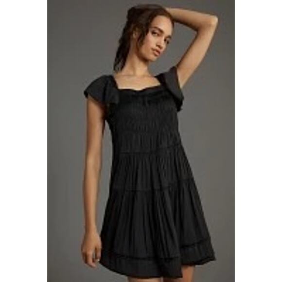 Anthropologie NWT Black Flutter Sleeve Square Neck Smocked Mini Dress Size M - Picture 11 of 12